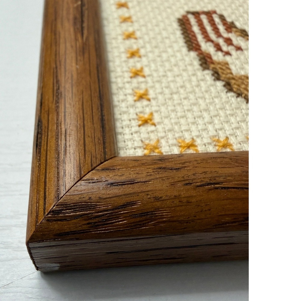 Vintage Chicken Cross Stitch Hen Rooster Farm Kitchen Rustic Decor Wood Frame - Picture 6 of 7